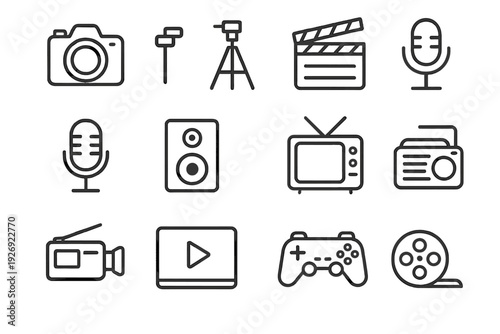 media and entertainment icon set with hand drawn outline style for technology and communication