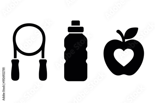 fitness icon set with jump rope water bottle and apple silhouette hand drawn