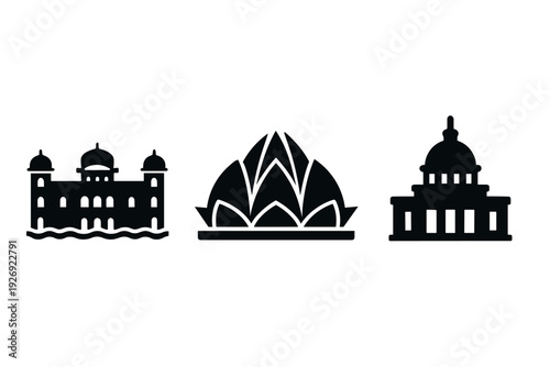 set of hand drawn black silhouette famous architectural landmarks icons vector illustration
