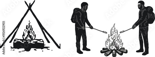 Camping vector silhouette illustration of people setting up tent and building campfire