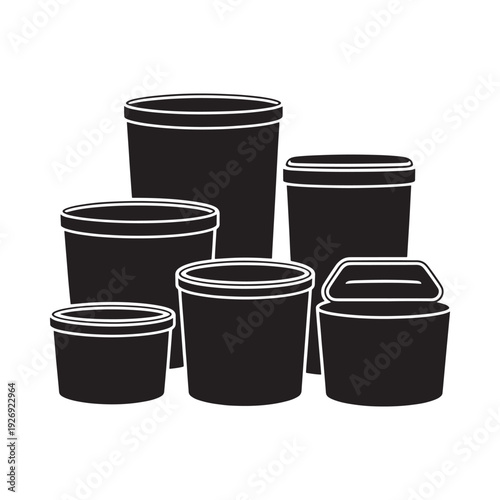 Black and white illustration of various sized cylindrical food containers
