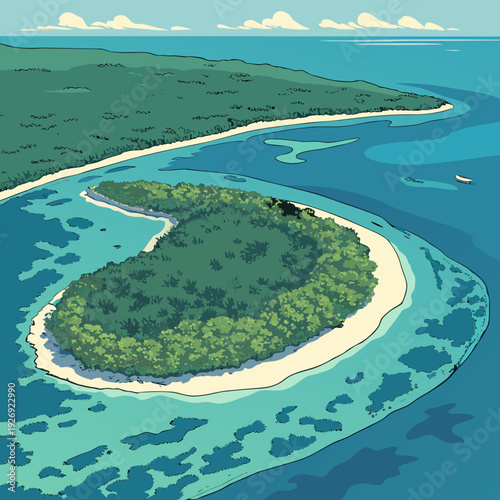 Scenic aerial view of a lush green island with a pristine beach and vibrant coral reefs in clear blue water.