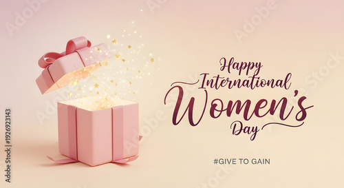 Magical International Women’s Day Greeting with Glowing 3D Gift Box and Gold Star Burst on Gradient Background