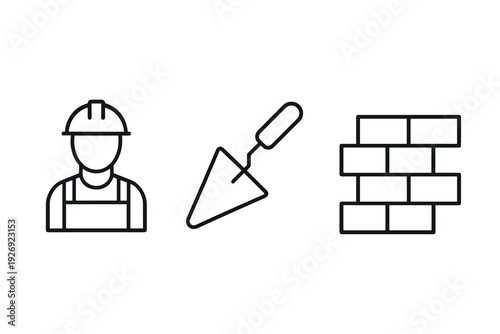 construction worker trowel and brick wall set of hand drawn outline icons for building and masonry