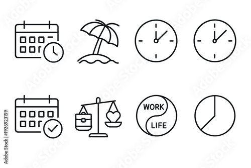set of work life balance icons with calendar clock umbrella scales and yin yang hand drawn style
