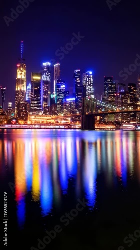 Wallpaper Mural Nighttime cityscape illuminated by colorful lights reflecting on dark water. Torontodigital.ca