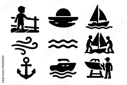 set of hand drawn black nautical icons including child on pier sunset sailboat waves anchor motorboat and boat repair