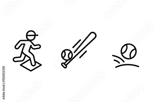baseball player running base bat hitting ball and bouncing ball black line icons set