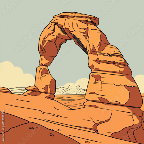 Majestic Delicate Arch Rock Formation Vector Illustration under a Blue Sky with Clouds, Arches National Park Landscape Art