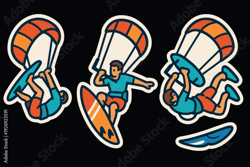 set of hand drawn kite surfing illustration stickers in various dynamic poses