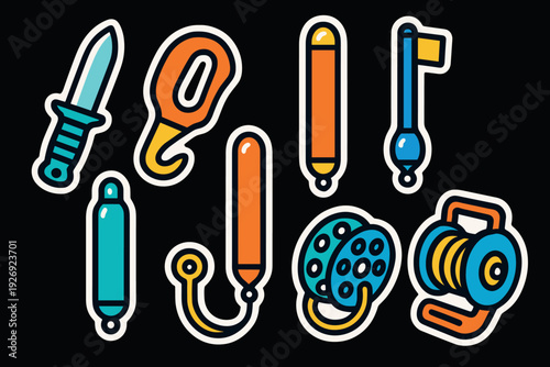 fishing tackle set with knife hooks floats reel and bobber hand drawn colorful icons collection for outdoor and sport theme