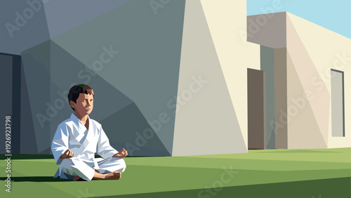 young boy meditating in martial arts uniform sitting cross legged in peaceful outdoor modern minimalistic setting