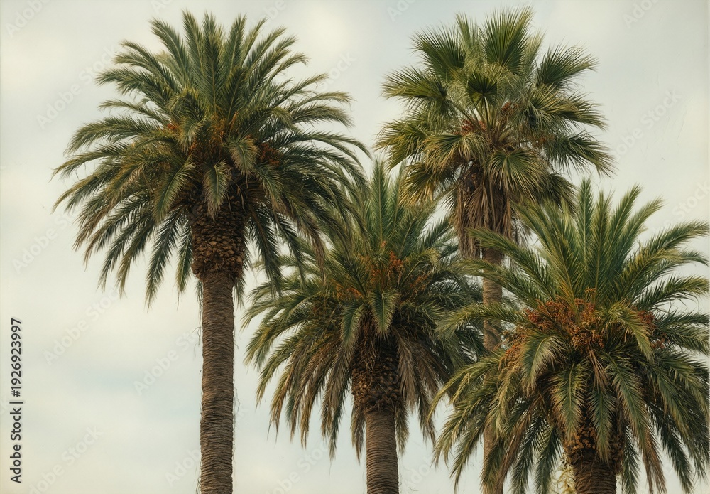 Obraz premium lush date palm trees against a cloudy sky in california.