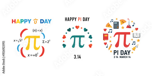 Happy Pi Day 3.14 celebration with mathematical formulas and heart decorations.