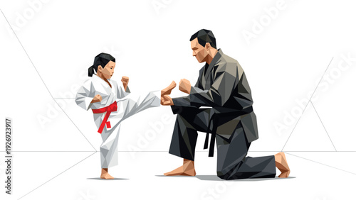 low poly illustration of a martial arts instructor teaching a girl in a karate gi with a red belt hand drawn style