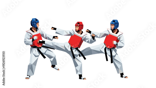 taekwondo fighters practicing combat techniques in polygonal style modern martial arts illustration