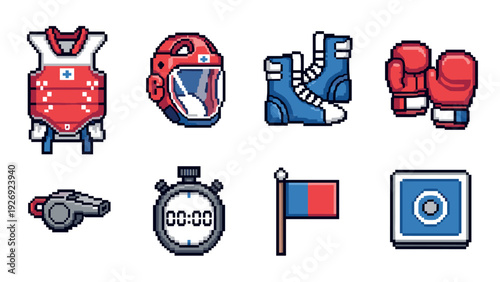pixel art boxing gear equipment set hand drawn style for sports and training