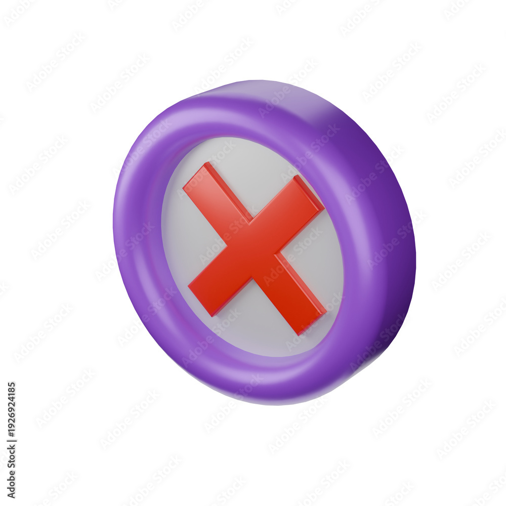 Fototapeta premium 3D cross mark in the circle: A vibrant illustration features a three-dimensional X symbol enclosed within a circular frame, symbolizing denial or removal.