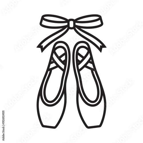 A black and white illustration of ballet shoes with a ribbon bow