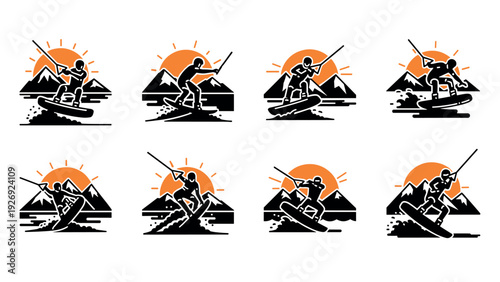 wakeboarding action set with hand drawn style and mountain sunset background