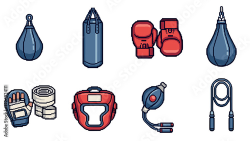 set of hand drawn pixel art boxing equipment including punching bags gloves wraps headgear speed bag and jump rope