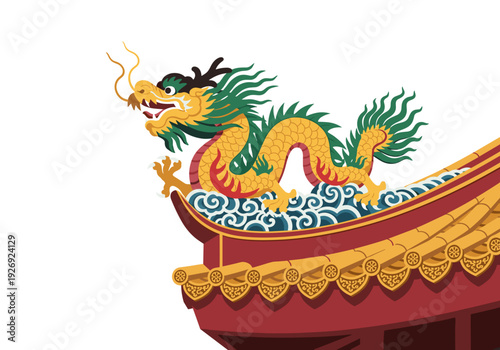 A close-up, stylized image of an ornate dragon sculpture adorning the corner of a temple roof. Done in flat vector style, isolated on a white background.