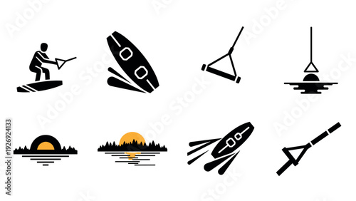 water sports and sunset icons collection in flat black silhouette style for recreational and outdoor design