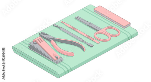 Manicure tools (nail clippers, cuticle pusher, scissors, and a nail file) neatly arranged on a small folded towel. Isolated on a transparent background.