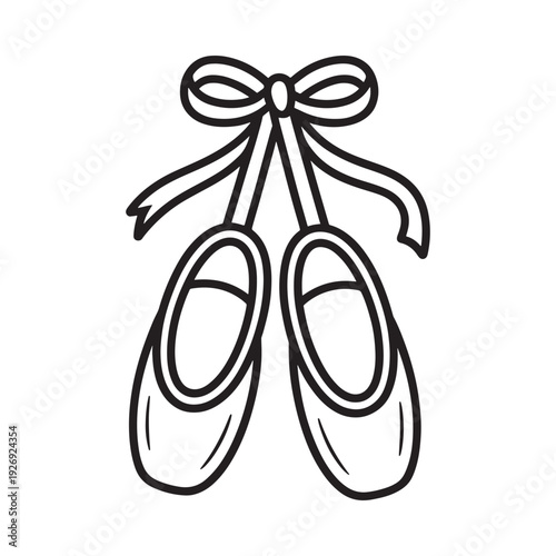 A pair of ballet shoes with a bow depicted in a simple line drawing