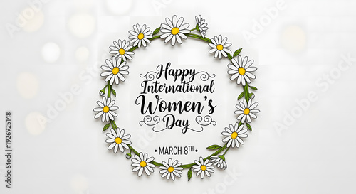 Elegant Daisy Flower Wreath International Women’s Day Greeting with Minimalist White Bokeh Background