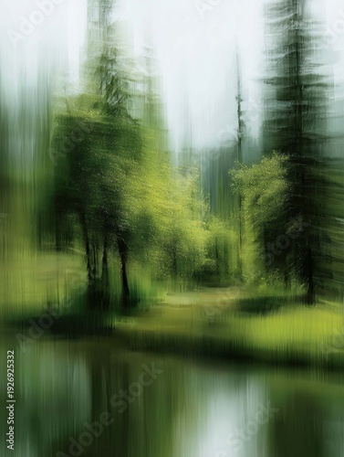 A landscape in dark green and white tones, trees, and a river with a motion blur effect. An original painting for a modern interior.