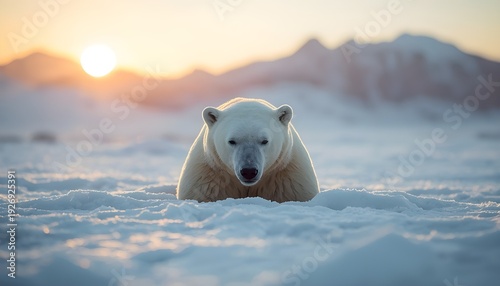 A polar bear lies in the snow with a mountain range in the background during a serene sunset