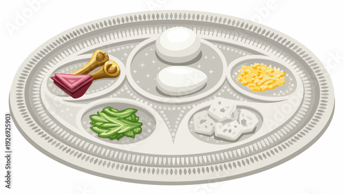 Traditional seder plate with symbolic foods for passover celebration