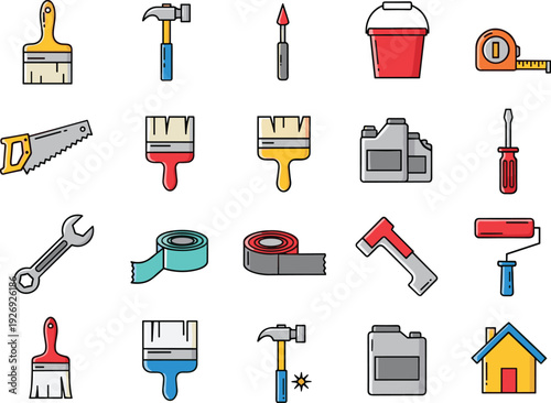 Large set of colorful construction and home improvement icons featuring hammers paint brushes saws tape measures and wrenches for DIY renovation and hardware store branding.