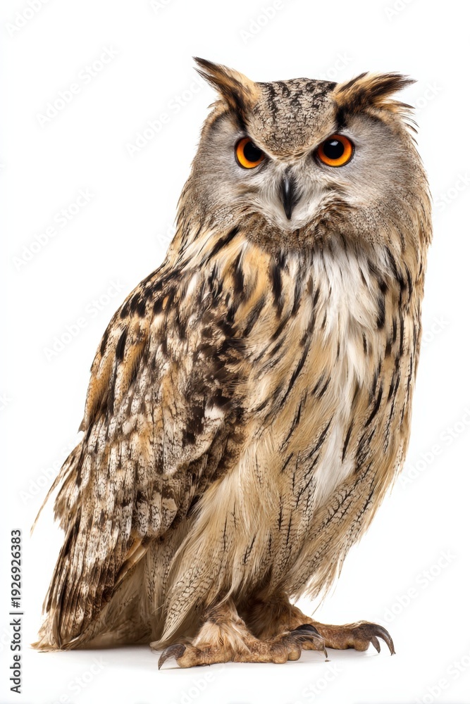 Obraz premium Majestic eurasian eagle-owl with striking orange eyes and intricate feather patterns