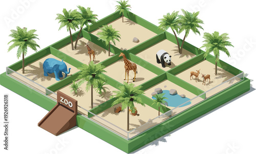 Isometric zoo map with animal enclosures featuring elephant giraffe panda and deer in a park landscape with palm trees and water pond vector illustration