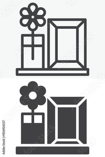 Vase with flower and photo frame icon set in line and solid style. Outline and filled vector icon with editable stroke. Decorative sign and symbol for interior decor.