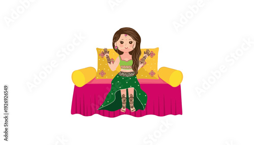 A cartoon woman in traditional Indian clothing sitting on a bed