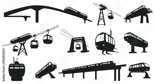 Various silhouettes of cable cars and elevated train systems in different designs.