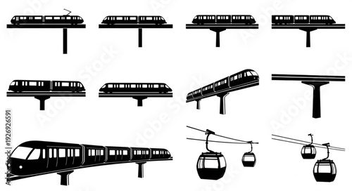 Various transportation systems including trains, monorails, and cable cars in silhouette form.