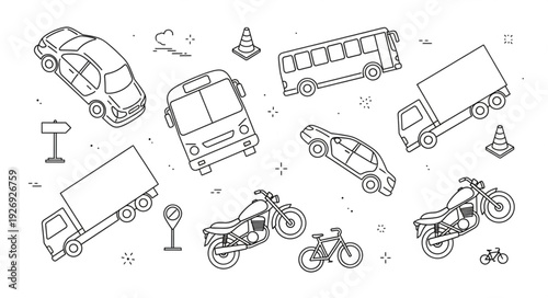 Collection of various vehicles including cars, trucks, buses, and motorcycles in a detailed illustration.