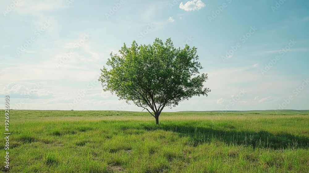 Fototapeta premium Solitary Tree in a Sun-Kissed Prairie Under a Vast, Whispering Sky.