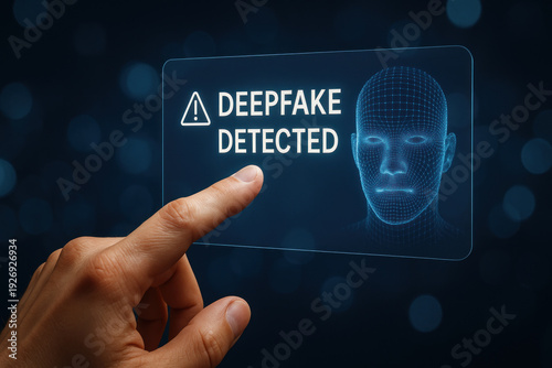 Deepfake detection ai analysis warning message on transparent interface with human face grid and hand pointing to alert