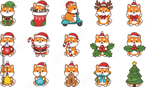 Cute Shiba Inu Christmas Cartoon Character Set
