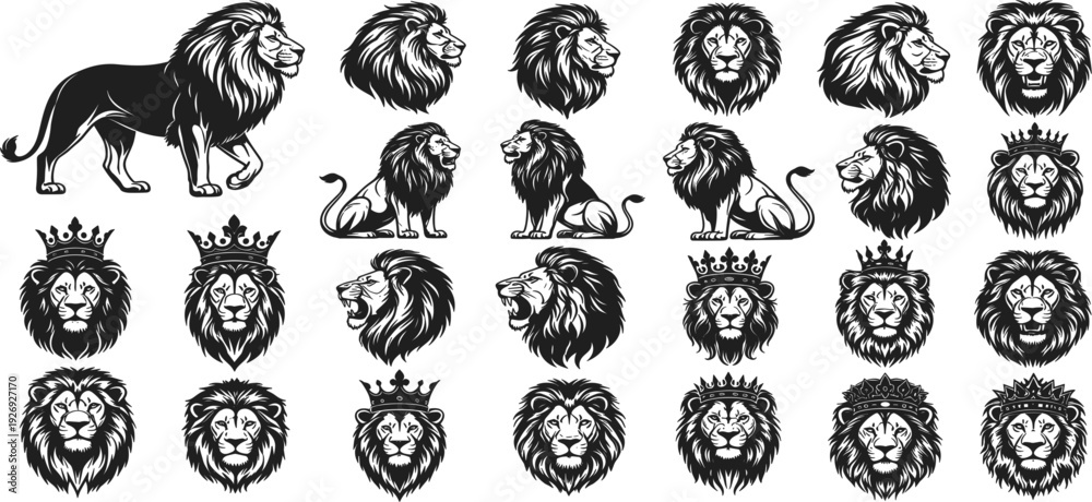 Obraz premium Lion Head and Full Body Silhouette Set with Crowned King Lion Mascot, Roaring Wild Cat Faces and Heraldic Emblem Designs for Logo and Branding