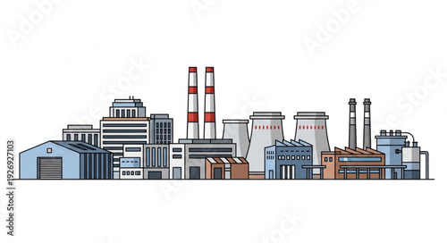 Industrial complex illustration depicting various buildings and structures in a row.