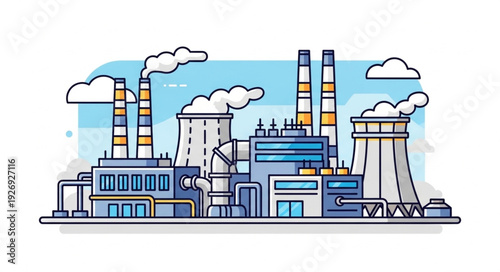 Industrial complex illustration depicting factories with smokestacks emitting pollution into the atmosphere.