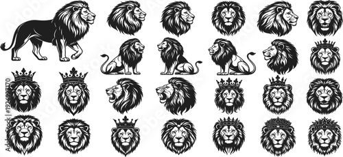 Lion Head and Full Body Silhouette Set with Crowned King Lion Mascot, Roaring Wild Cat Faces and Heraldic Emblem Designs for Logo and Branding
