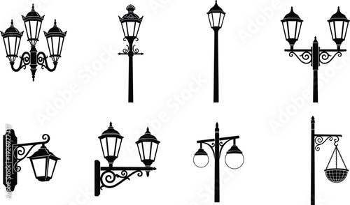 Street lamp silhouette icons, lighting design symbols, vector illustration, black art, minimal layout, urban graphics