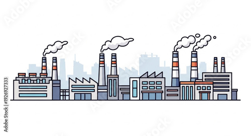 Industrial complex with smoke stacks emitting pollution into the atmosphere.